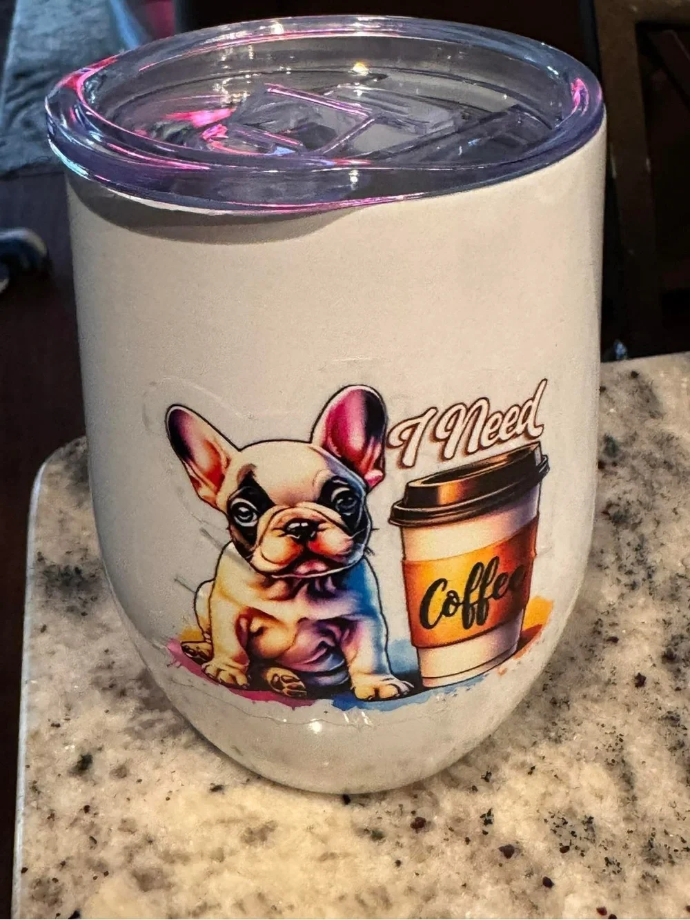 Hand Crafted White Coffee Tumbler with Colorful French Bulldog Design NEW IN BOX